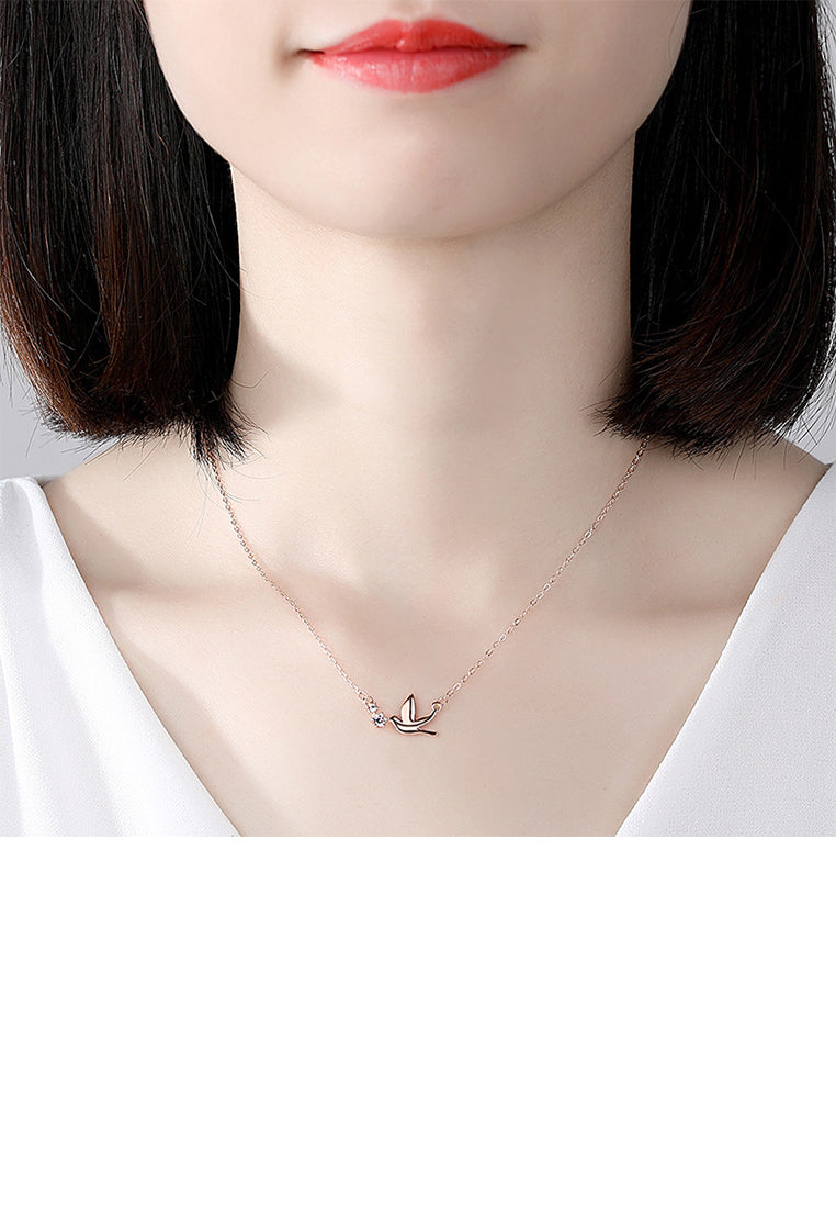925 Sterling Silver Plated Rose Gold Simple Cute Swallow Pendant with Cubic Zirconia and Necklace - Luxurious Look