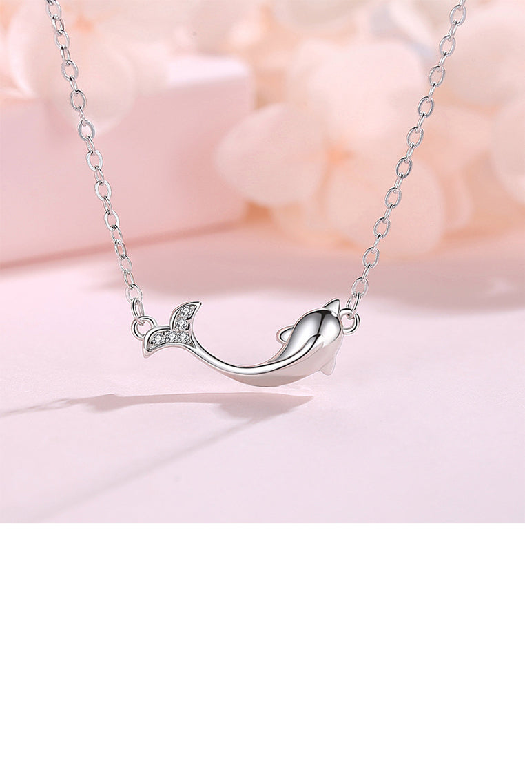 925 Sterling Silver Fashion Cute Dolphin Pendant with Cubic Zirconia and Necklace - Luxurious Look