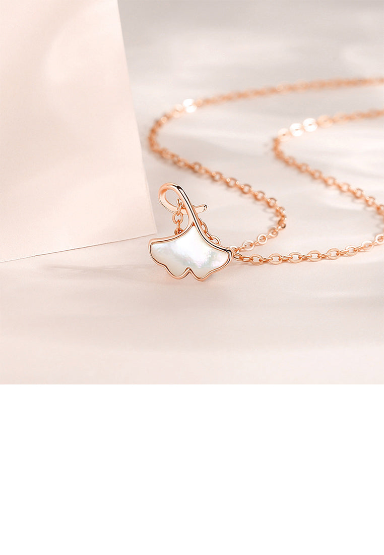 925 Sterling Silver Plated Rose Gold Simple Temperament Ginkgo Leaf Mother-of-pearl Pendant with Necklace