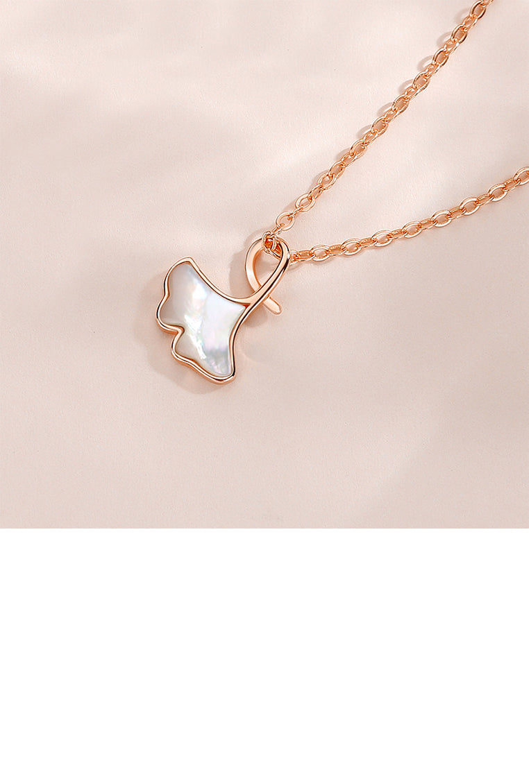 925 Sterling Silver Plated Rose Gold Simple Temperament Ginkgo Leaf Mother-of-pearl Pendant with Necklace