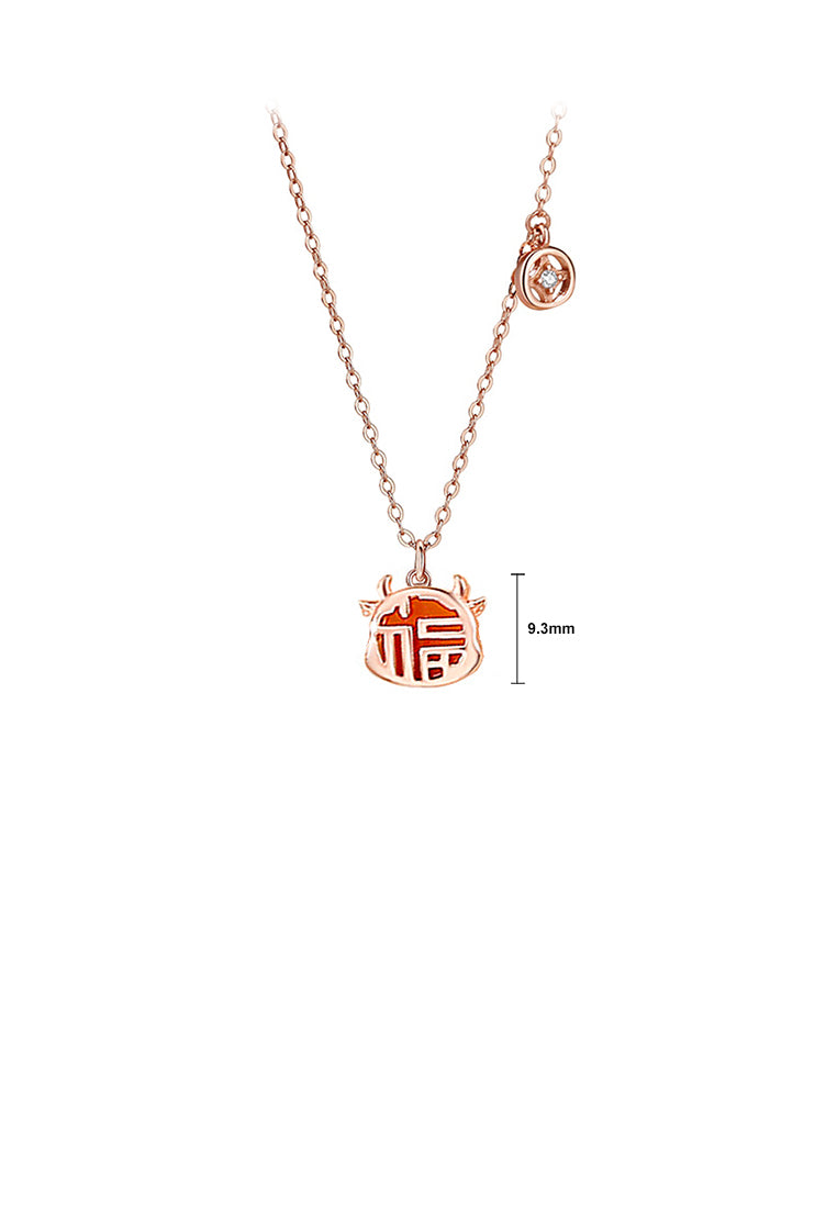 925 Sterling Silver Rose Plated Gold Fashion Vintage Zodiac Ox Imitation Agate Pendant with Cubic Zirconia and Necklace - Luxurious Look