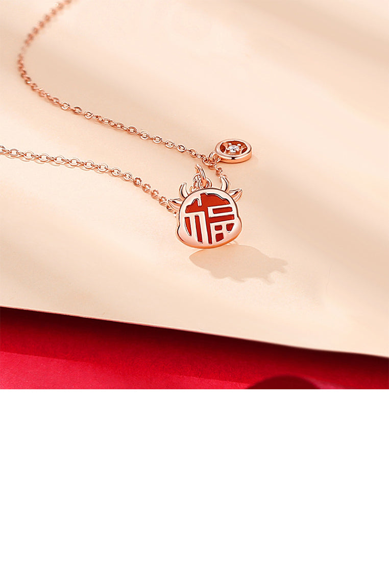 925 Sterling Silver Rose Plated Gold Fashion Vintage Zodiac Ox Imitation Agate Pendant with Cubic Zirconia and Necklace - Luxurious Look