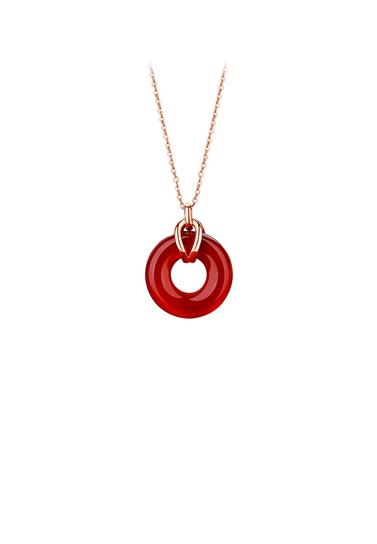 925 Sterling Silver Plated Rose Gold Simple Vintage Circle Safety Buckle Imitation Agate Pendant with Necklace