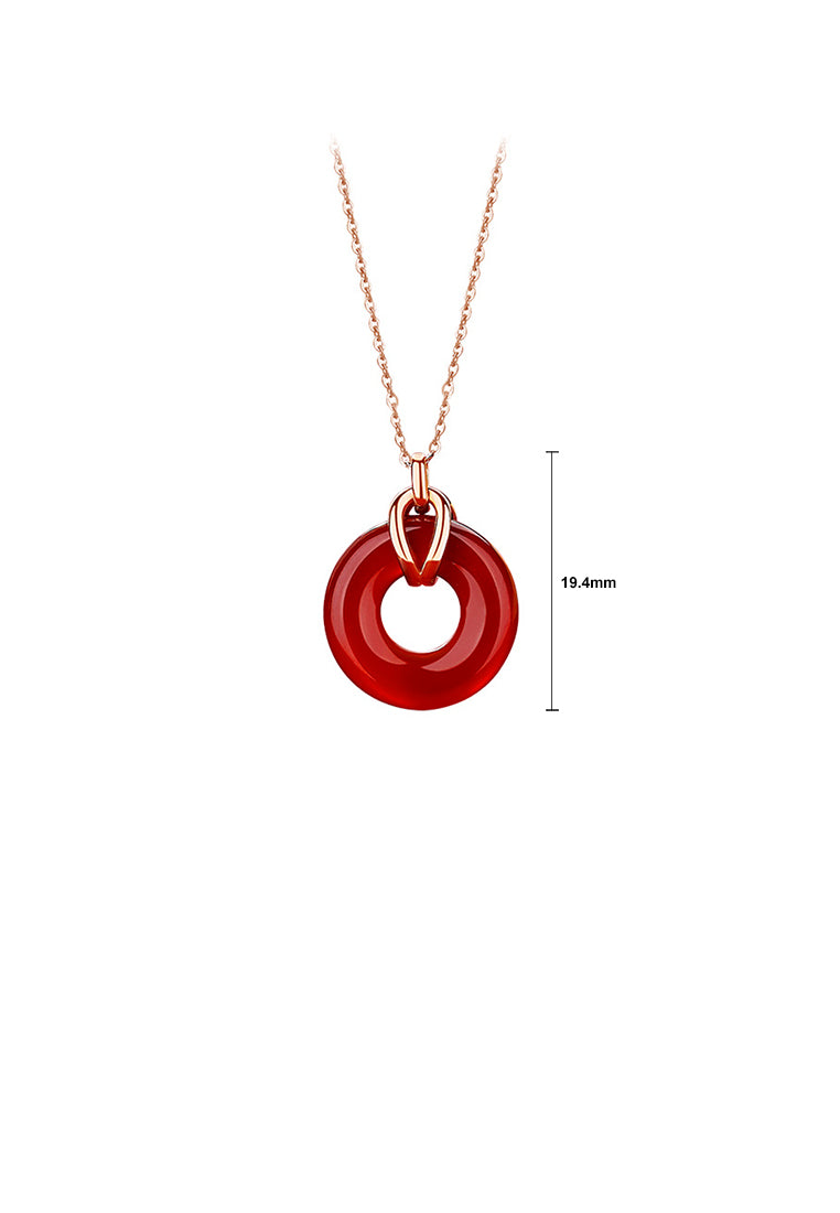 925 Sterling Silver Plated Rose Gold Simple Vintage Circle Safety Buckle Imitation Agate Pendant with Necklace