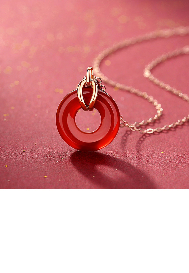 925 Sterling Silver Plated Rose Gold Simple Vintage Circle Safety Buckle Imitation Agate Pendant with Necklace