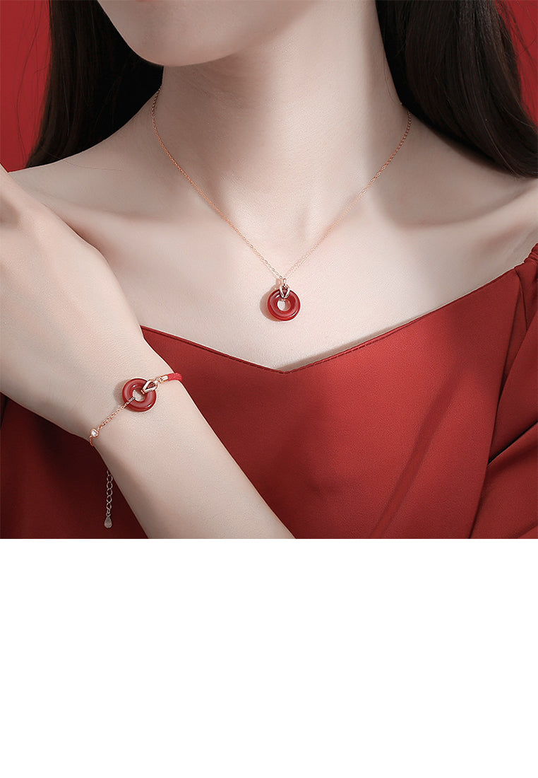 925 Sterling Silver Plated Rose Gold Simple Vintage Circle Safety Buckle Imitation Agate Pendant with Necklace