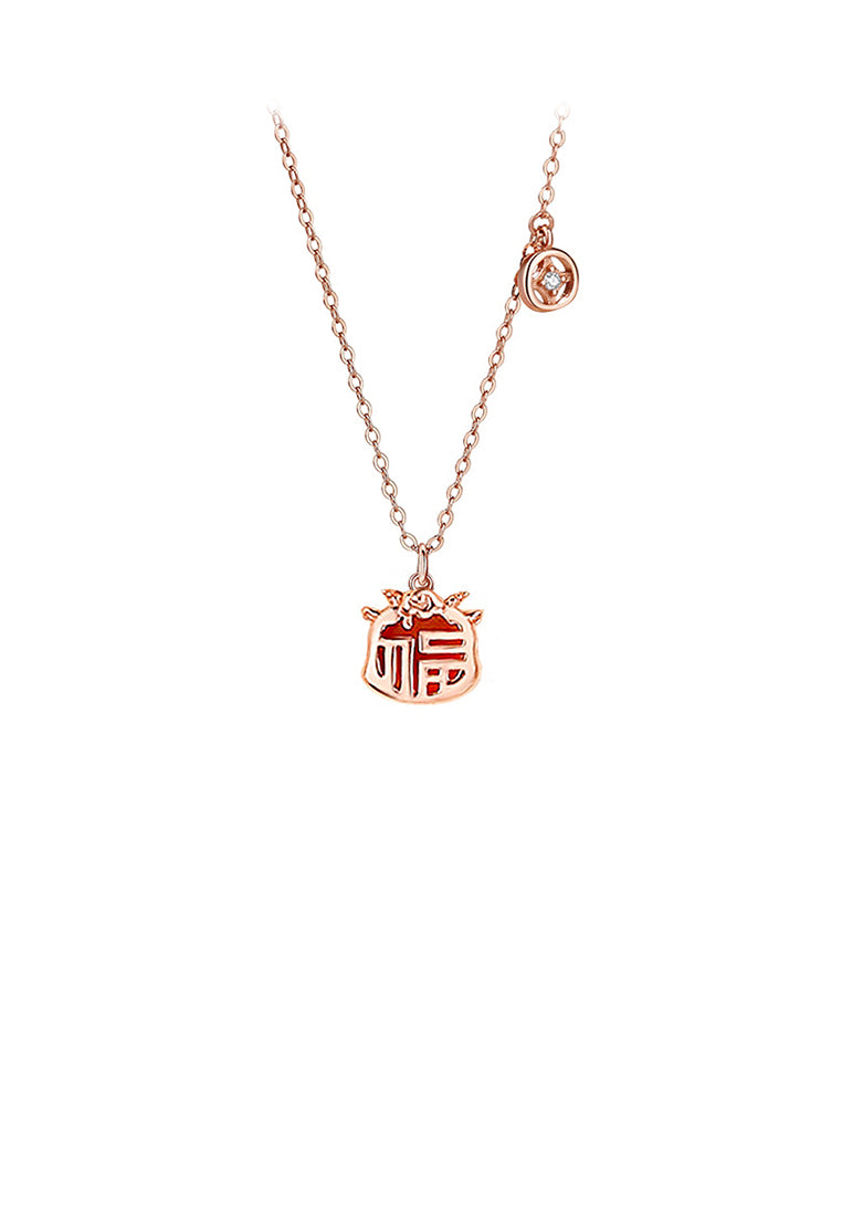 925 Sterling Silver Rose Plated Gold Fashion Vintage Zodiac Ram Imitation Agate Pendant with Cubic Zirconia and Necklace - Luxurious Look