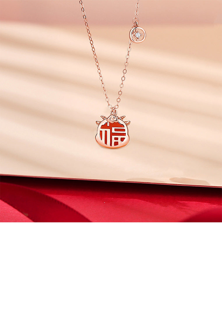 925 Sterling Silver Rose Plated Gold Fashion Vintage Zodiac Ram Imitation Agate Pendant with Cubic Zirconia and Necklace - Luxurious Look
