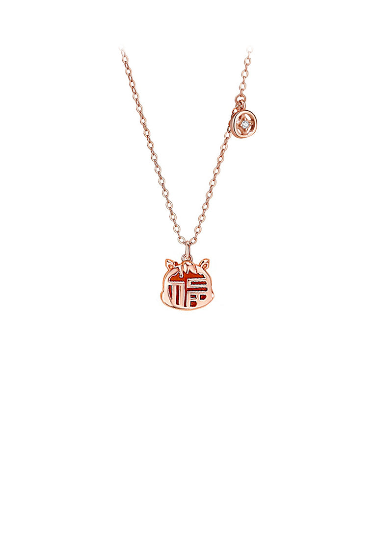 925 Sterling Silver Rose Plated Gold Fashion Vintage Zodiac Horse Imitation Agate Pendant with Cubic Zirconia and Necklace - Luxurious Look