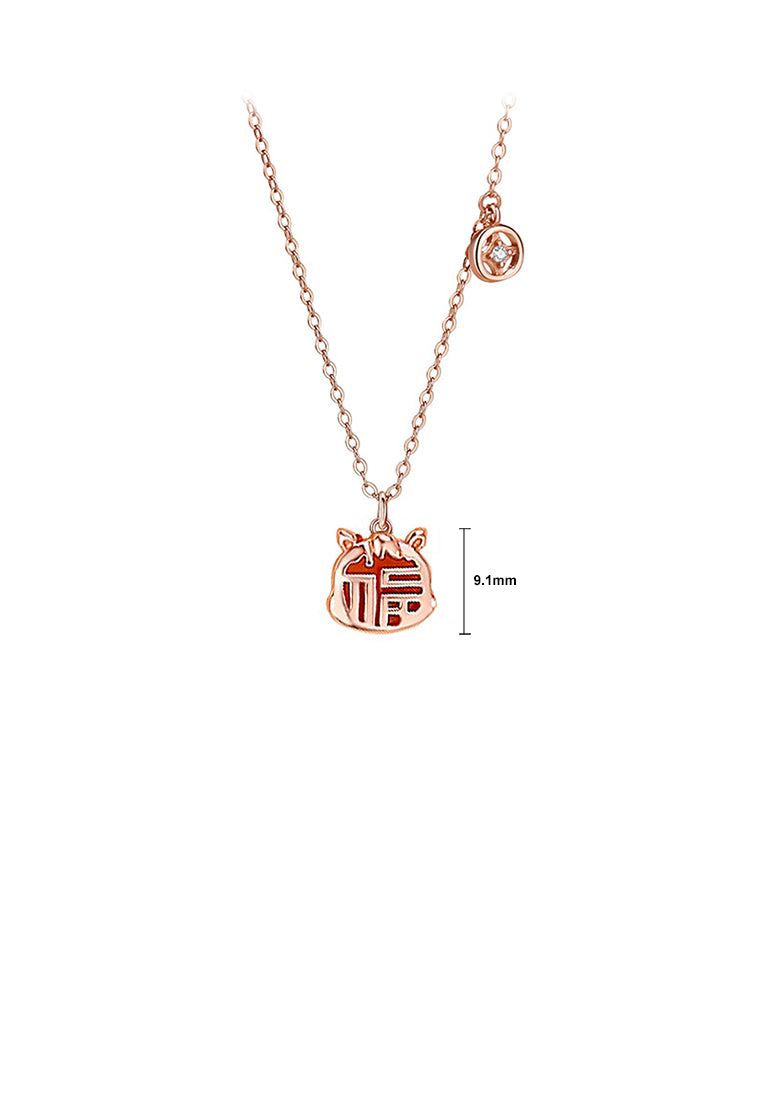 925 Sterling Silver Rose Plated Gold Fashion Vintage Zodiac Horse Imitation Agate Pendant with Cubic Zirconia and Necklace - Luxurious Look