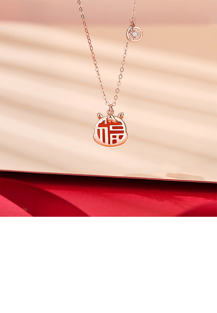 925 Sterling Silver Rose Plated Gold Fashion Vintage Zodiac Horse Imitation Agate Pendant with Cubic Zirconia and Necklace - Luxurious Look