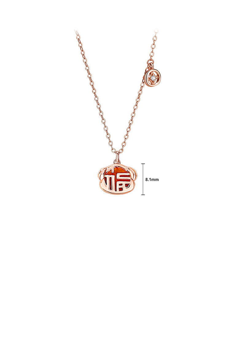 925 Sterling Silver Rose Plated Gold Fashion Vintage Zodiac Dog Imitation Agate Pendant with Cubic Zirconia and Necklace - Luxurious Look