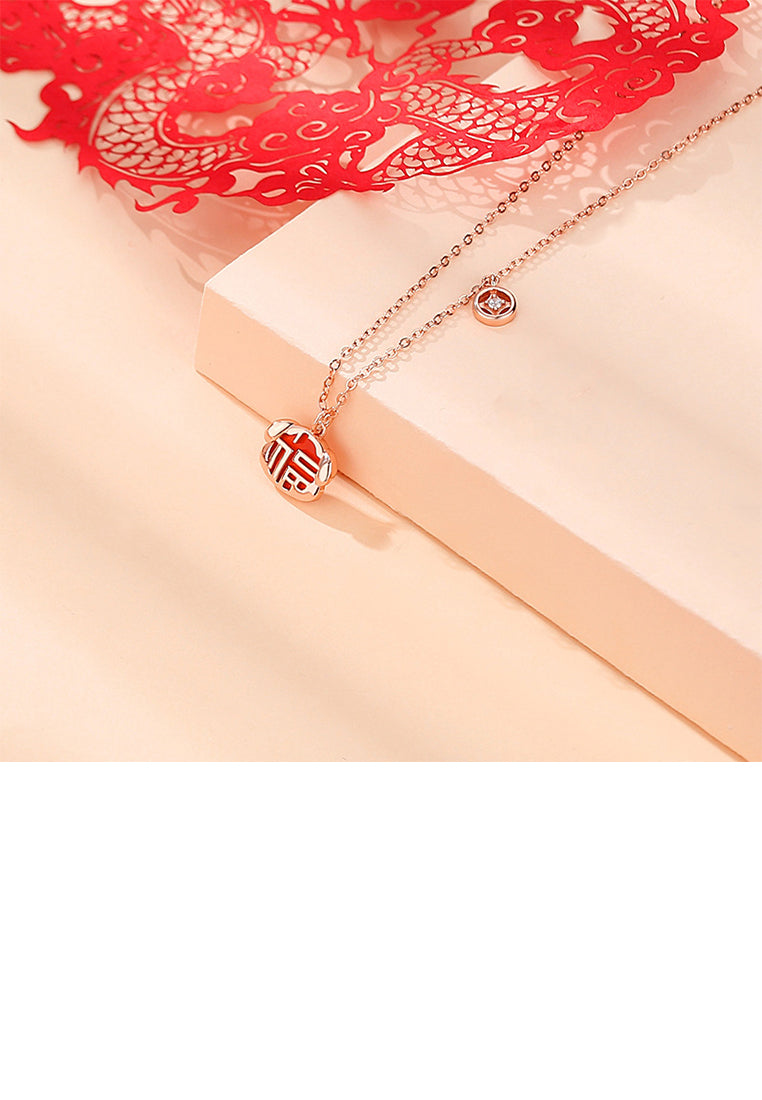 925 Sterling Silver Rose Plated Gold Fashion Vintage Zodiac Dog Imitation Agate Pendant with Cubic Zirconia and Necklace - Luxurious Look