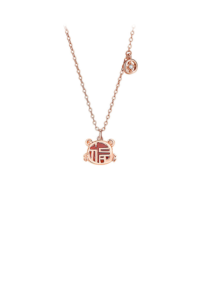 925 Sterling Silver Rose Plated Gold Fashion Vintage Zodiac Tiger Imitation Agate Pendant with Cubic Zirconia and Necklace - Luxurious Look