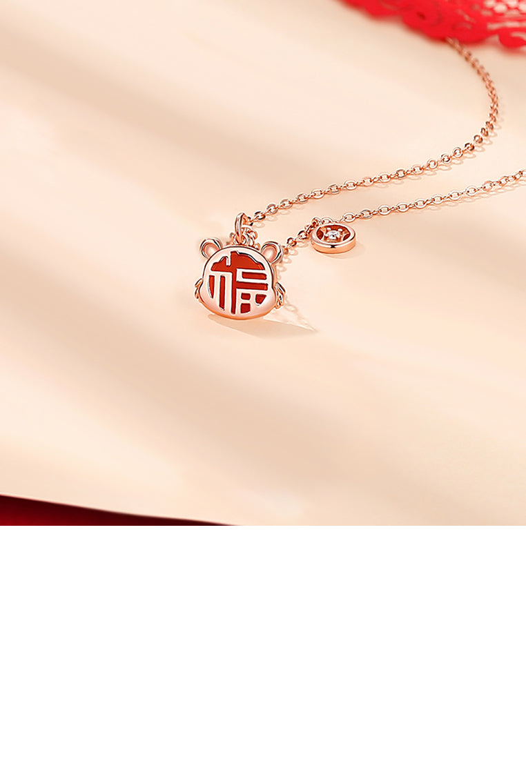 925 Sterling Silver Rose Plated Gold Fashion Vintage Zodiac Tiger Imitation Agate Pendant with Cubic Zirconia and Necklace - Luxurious Look