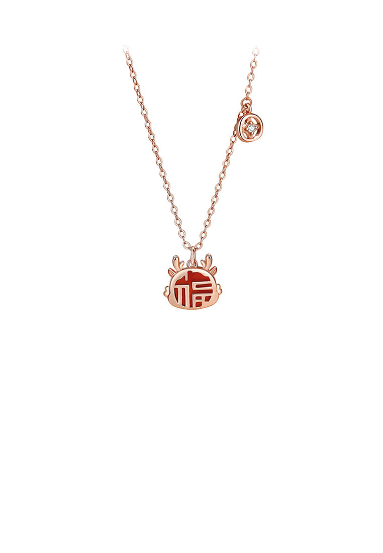 925 Sterling Silver Rose Plated Gold Fashion Vintage Zodiac Dragon Imitation Agate Pendant with Cubic Zirconia and Necklace - Luxurious Look