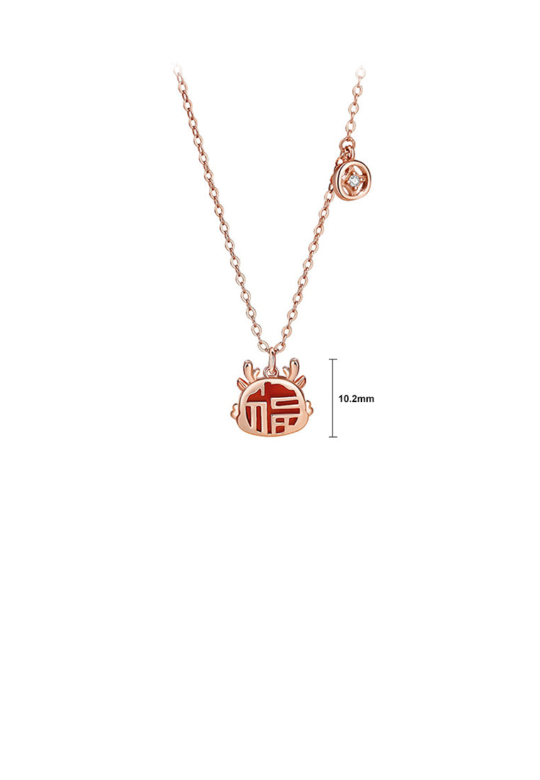 925 Sterling Silver Rose Plated Gold Fashion Vintage Zodiac Dragon Imitation Agate Pendant with Cubic Zirconia and Necklace - Luxurious Look