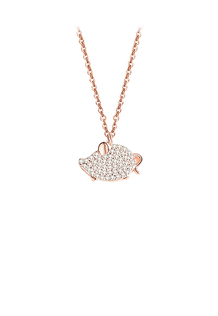 925 Sterling Silver Plated Rose Gold Simple and Bright Zodiac Mice Pendant with Cubic Zirconia and Necklace - Luxurious Look