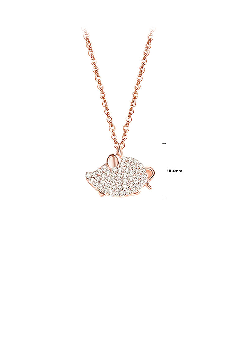 925 Sterling Silver Plated Rose Gold Simple and Bright Zodiac Mice Pendant with Cubic Zirconia and Necklace - Luxurious Look