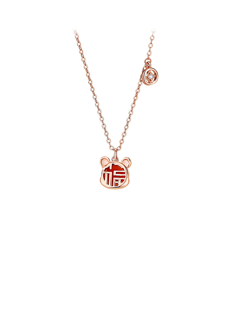 925 Sterling Silver Rose Plated Gold Fashion Vintage Zodiac Mice Imitation Agate Pendant with Cubic Zirconia and Necklace - Luxurious Look