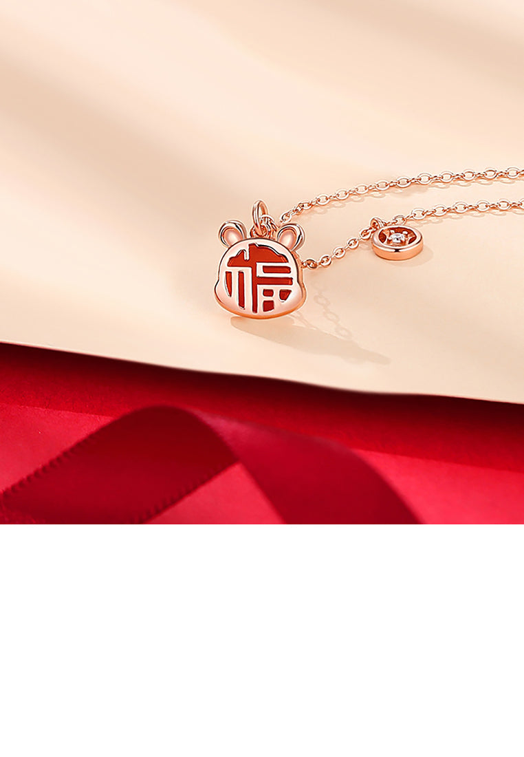 925 Sterling Silver Rose Plated Gold Fashion Vintage Zodiac Mice Imitation Agate Pendant with Cubic Zirconia and Necklace - Luxurious Look