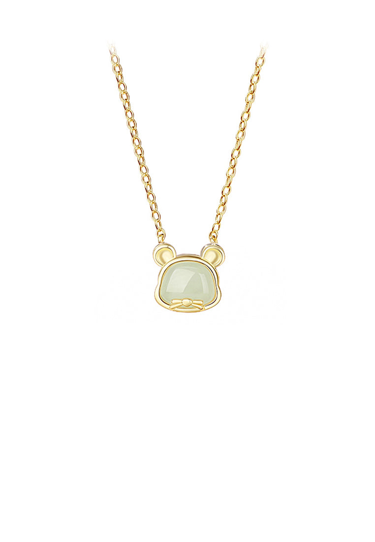 925 Sterling Silver Plated Gold Simple and Fashion Twelve Zodiac Mice Pendant with Imitation Hetian Jade and Necklace