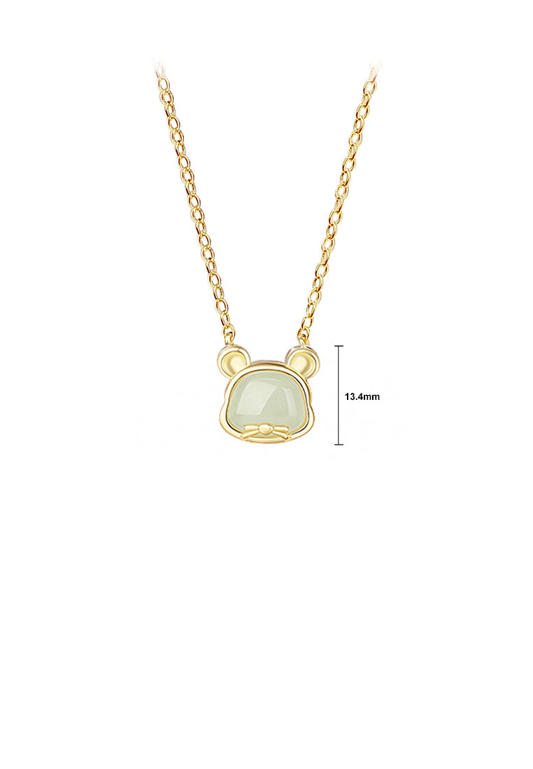 925 Sterling Silver Plated Gold Simple and Fashion Twelve Zodiac Mice Pendant with Imitation Hetian Jade and Necklace