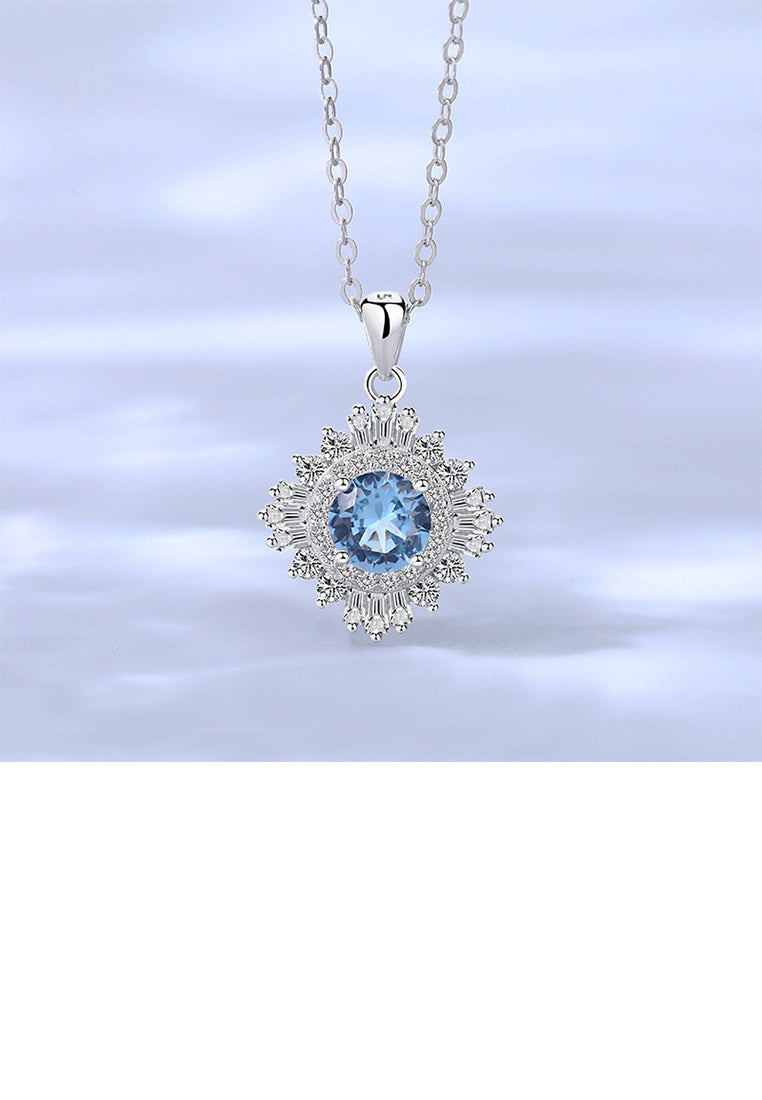 925 Sterling Silver Fashion Brilliant Geometric Square Pendant with Blue Cubic Zirconia and Necklace - Luxurious Look