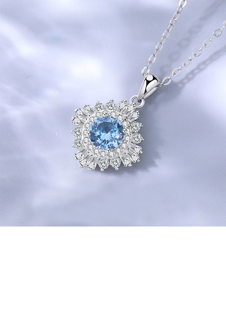 925 Sterling Silver Fashion Brilliant Geometric Square Pendant with Blue Cubic Zirconia and Necklace - Luxurious Look