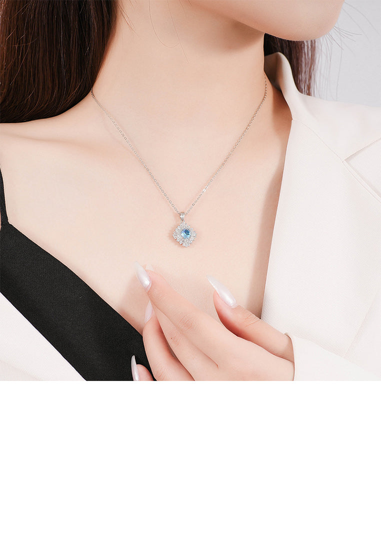 925 Sterling Silver Fashion Brilliant Geometric Square Pendant with Blue Cubic Zirconia and Necklace - Luxurious Look