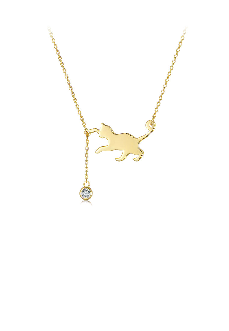 925 Sterling Silver Plated Gold Simple Cute Cat Tassel Pendant with Cubic Zirconia and Necklace - Luxurious Look