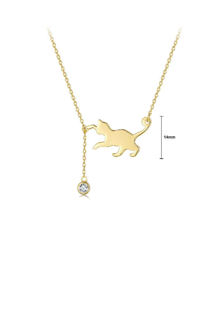 925 Sterling Silver Plated Gold Simple Cute Cat Tassel Pendant with Cubic Zirconia and Necklace - Luxurious Look