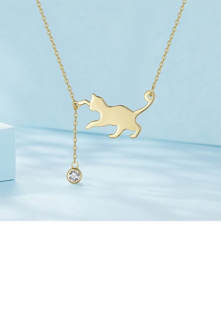 925 Sterling Silver Plated Gold Simple Cute Cat Tassel Pendant with Cubic Zirconia and Necklace - Luxurious Look