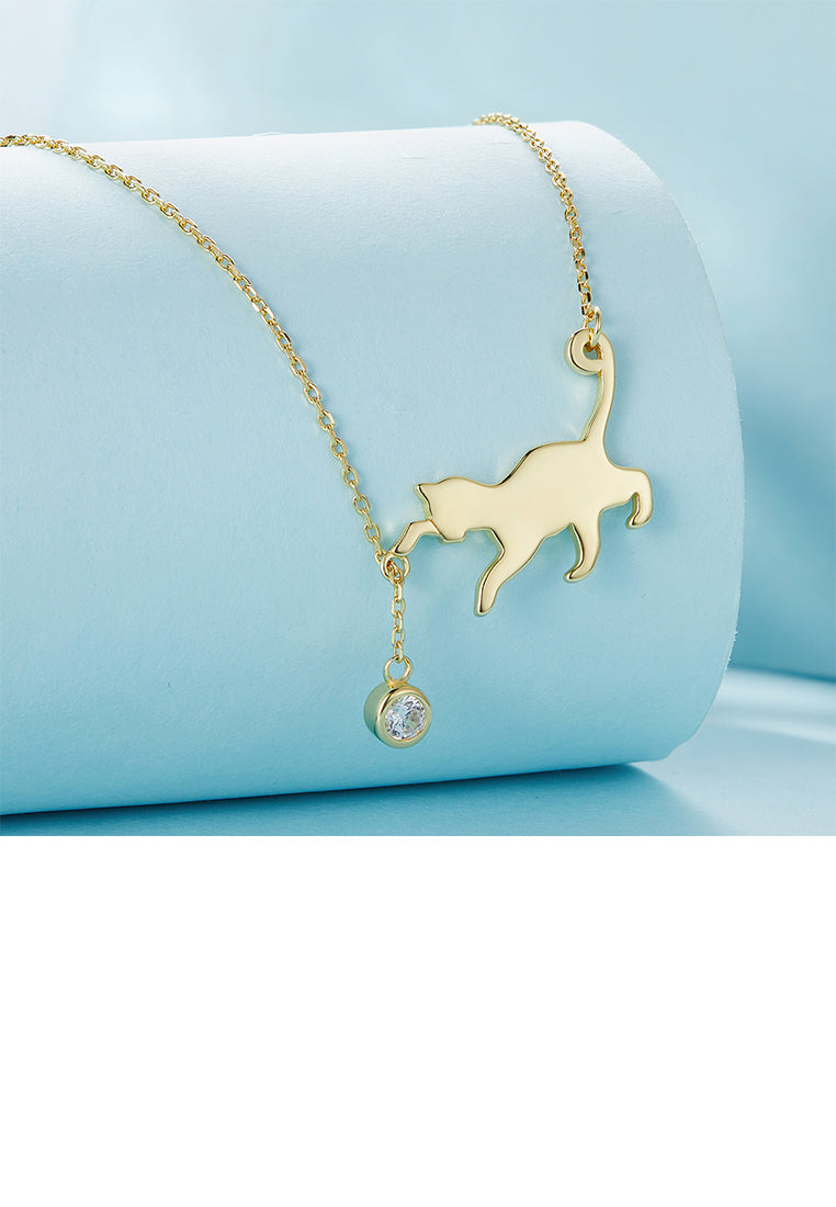 925 Sterling Silver Plated Gold Simple Cute Cat Tassel Pendant with Cubic Zirconia and Necklace - Luxurious Look