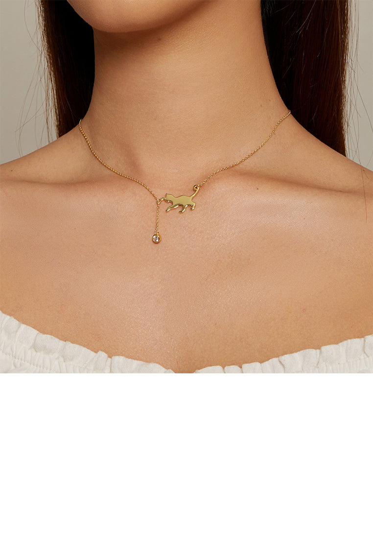 925 Sterling Silver Plated Gold Simple Cute Cat Tassel Pendant with Cubic Zirconia and Necklace - Luxurious Look