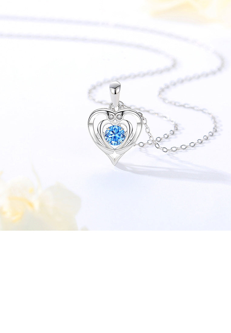 925 Sterling Silver Fashion Simple Heart Pendant with Blue Cubic Zirconia and Necklace - Luxurious Look