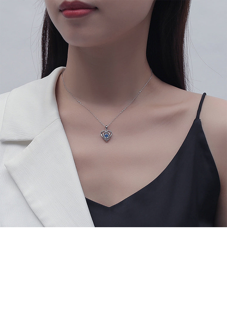 925 Sterling Silver Fashion Simple Heart Pendant with Blue Cubic Zirconia and Necklace - Luxurious Look