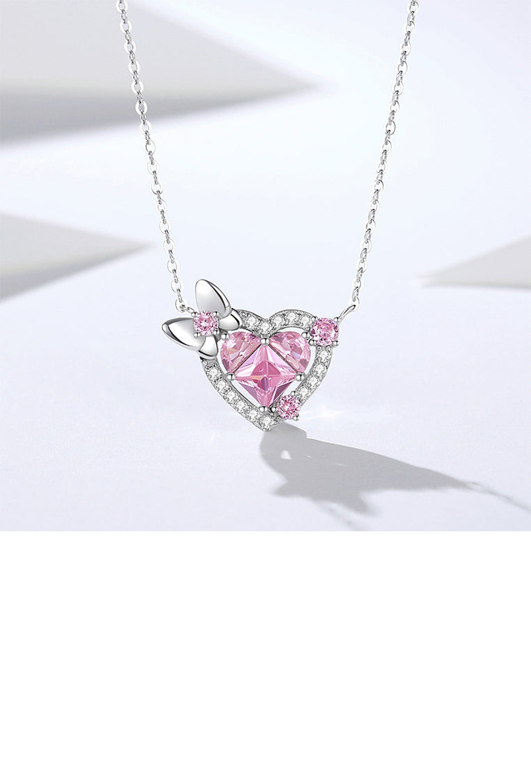 925 Sterling Silver Sweet and Fashion Butterfly Heart Pendant with Pink Cubic Zirconia and Necklace - Luxurious Look - Vibrant Color