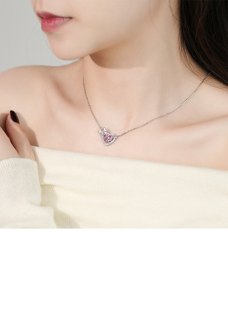 925 Sterling Silver Sweet and Fashion Butterfly Heart Pendant with Pink Cubic Zirconia and Necklace - Luxurious Look - Vibrant Color