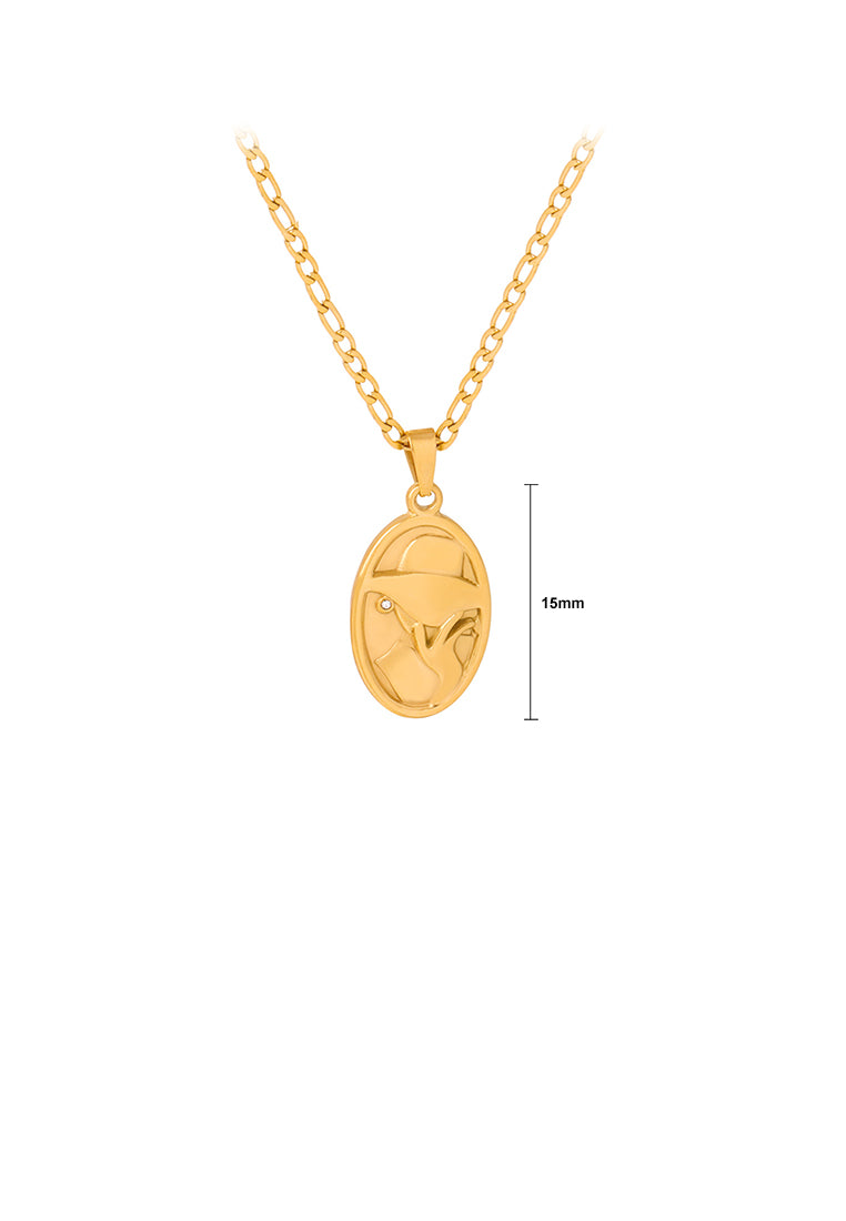 Fashion and Creative Plated Gold 316L Stainless Steel Beauty Pattern Geometric Oval Pendant with Cubic Zirconia and Necklace - Luxurious Look
