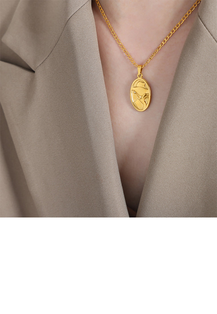 Fashion and Creative Plated Gold 316L Stainless Steel Beauty Pattern Geometric Oval Pendant with Cubic Zirconia and Necklace - Luxurious Look