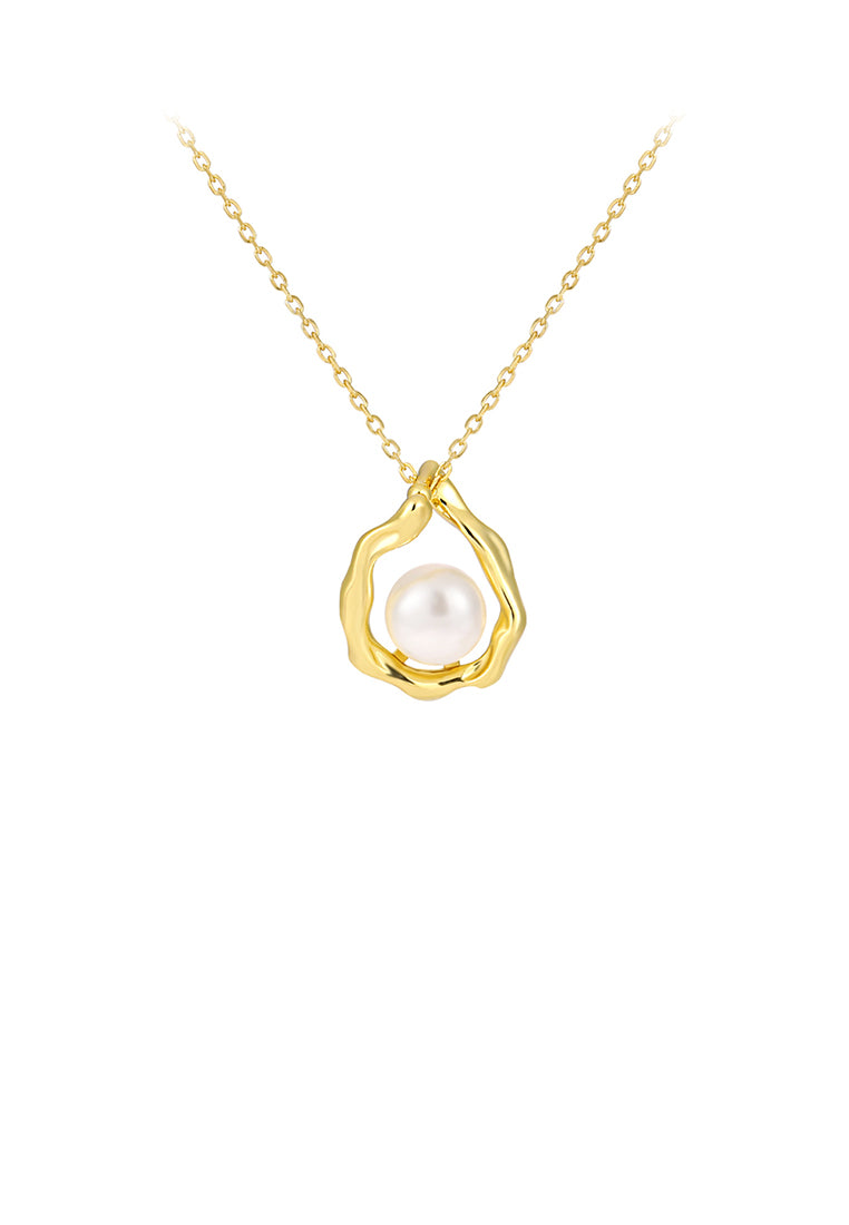 925 Sterling Silver Plated Gold Fashion Hollow Water Drop-shaped Geometric Pendant with Imitation Pearls and Necklace