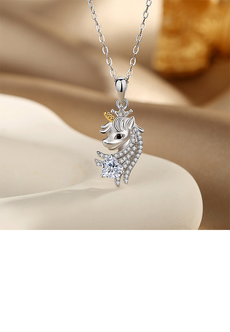 925 Sterling Silver Fashion Creative Unicorn Pendant with Cubic Zirconia and Necklace - Luxurious Look
