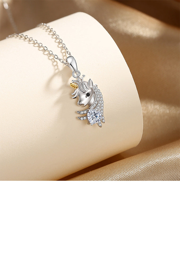 925 Sterling Silver Fashion Creative Unicorn Pendant with Cubic Zirconia and Necklace - Luxurious Look