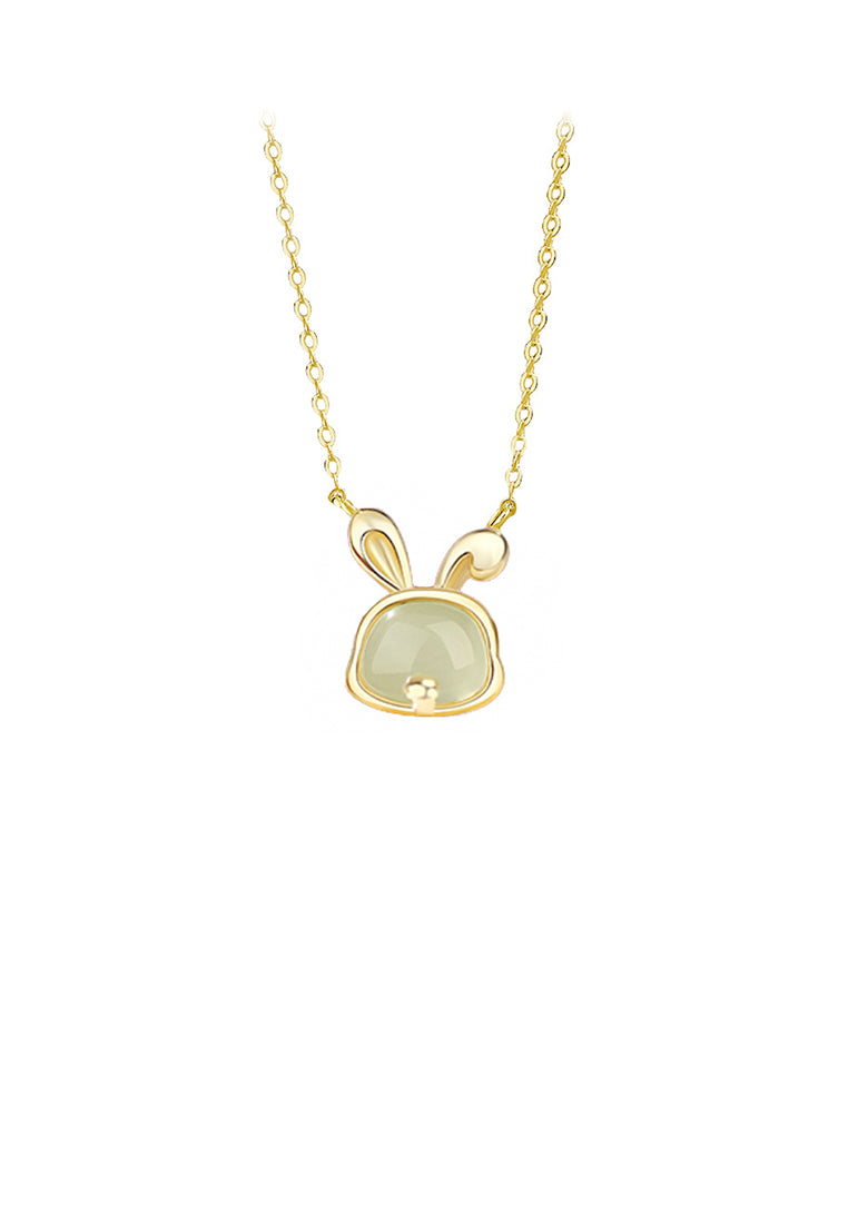 925 Sterling Silver Plated Gold Simple and Fashion Twelve Zodiac Rabbit Pendant with Imitation Hetian Jade and Necklace