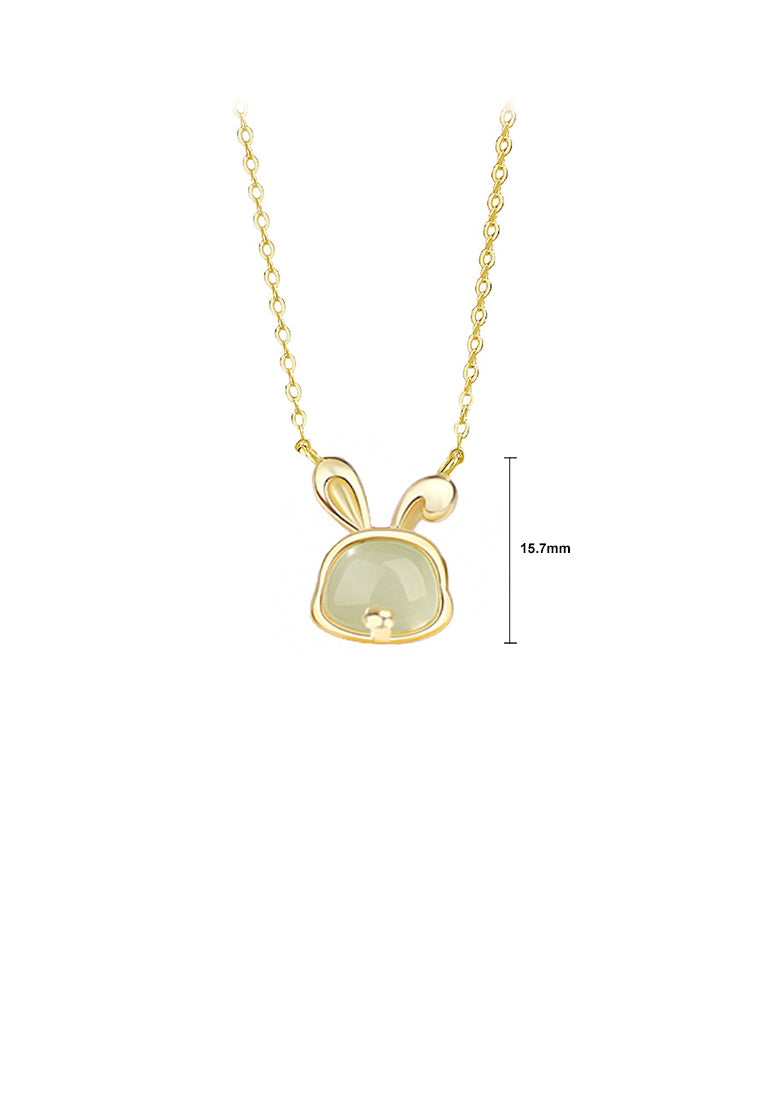 925 Sterling Silver Plated Gold Simple and Fashion Twelve Zodiac Rabbit Pendant with Imitation Hetian Jade and Necklace