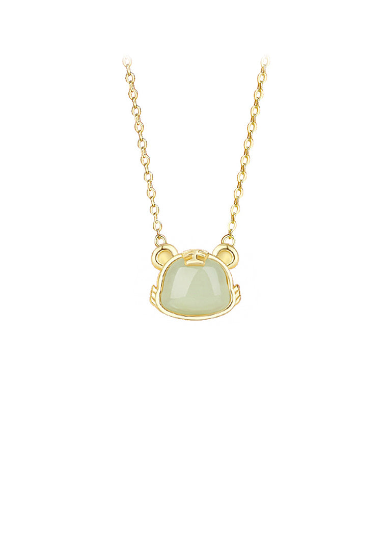 925 Sterling Silver Plated Gold Simple and Fashion Twelve Zodiac Tiger Pendant with Imitation Hetian Jade and Necklace