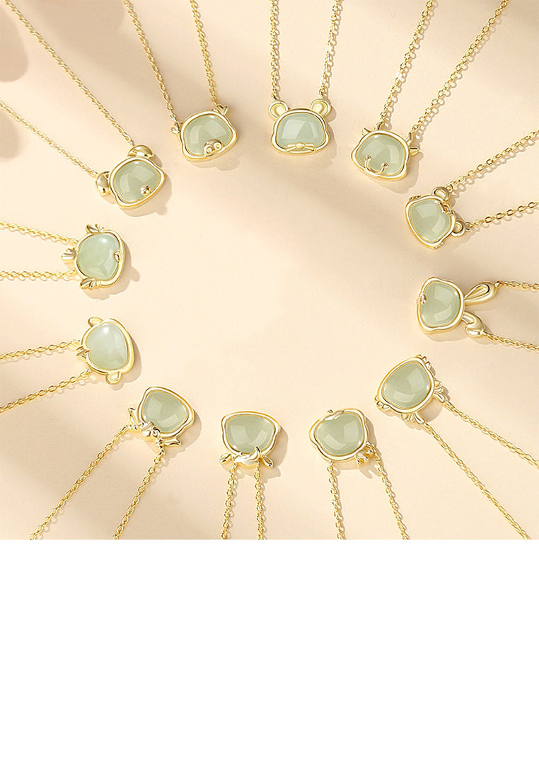 925 Sterling Silver Plated Gold Simple and Fashion Twelve Zodiac Tiger Pendant with Imitation Hetian Jade and Necklace