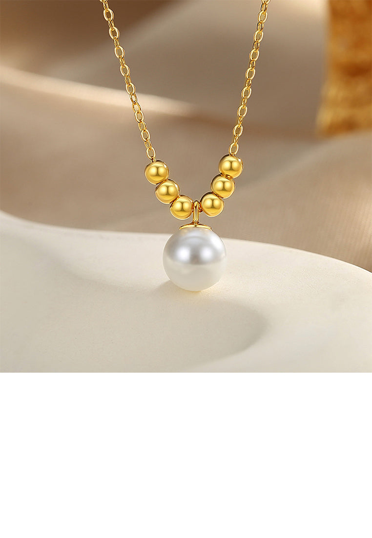925 Sterling Silver Plated Gold Simple and Elegant Imitation Pearl Beaded Pendant with Necklace - Luxurious Look