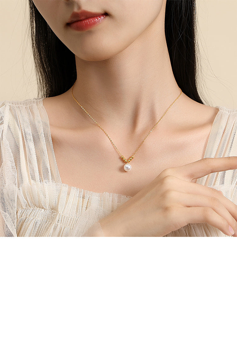 925 Sterling Silver Plated Gold Simple and Elegant Imitation Pearl Beaded Pendant with Necklace - Luxurious Look